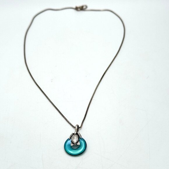 Sterling Silver Sea Turtle Necklace Blue Glass Pendant Vintage Italy 925 - Picture 2 of 8